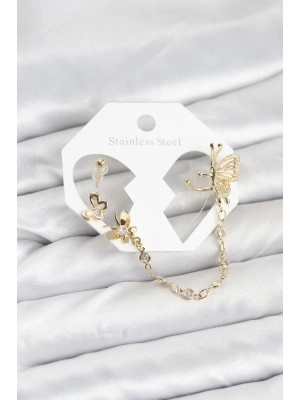 ® Kelebekli Model Pirinç Gold Renk Zincir Bağlantılı Ear Cuff Küpe Seti