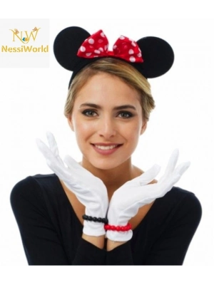 Kırmızı Fiyonklu Minnie Mouse Tacı ve Beyaz Eldiven Seti
