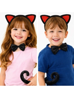Kırmızı Kulaklı Kedi Kostüm Seti – Taç Papyon Kuyruk 3 Parça