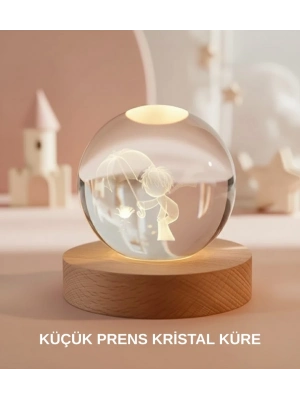 ® Küçük Prens Figürlü 3D Kristal Top Sıcak Işıklı USB Ahşap Tabanlı Dekor Lamba
