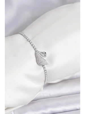 ® Kuğu Model Zirkon Taşlı Gümüş Renk Asansörlü Su Yolu Bileklik