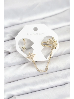 ® Kutup Yıldızı Model Pirinç Gold Renk Zincir Bağlantılı Ear Cuff Küpe Seti