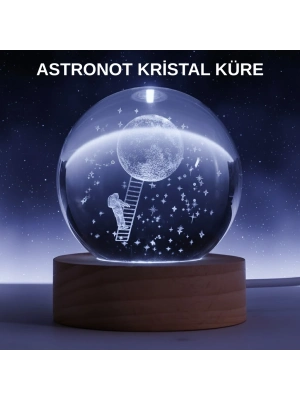 ® Lazer İşlemeli 3D Astronot Kristal Küre LED Işıklı Uzay Temalı Gece Lambası