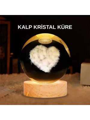 ® LED Işıklı Kalp Desenli Cam Küre Büyük Boy Ahşap Tabanlı