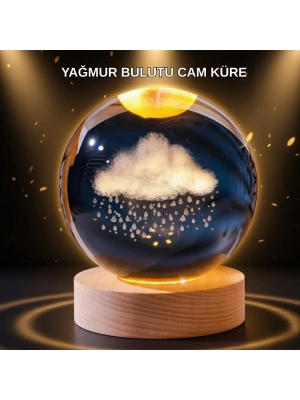 ® LED Sıcak Işıklı 3D Bulut Figürlü Kristal Küre Ahşap Standlı Gece Lambası