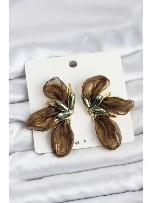 ® Lotus Model Haki Renk Tüllü Kadın Küpe