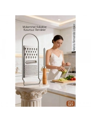 ® Paslanmaz Çelik El Rendesi ve Ahşap Saplı Kabak Oyacağı - 2li Profesyonel Mutfak Hazırlık Seti