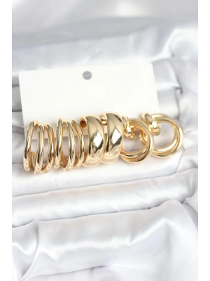 Pirinç Gold Renk 3 Çift Vintage Kadın Küpe Seti