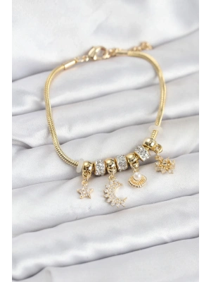 ® Pirinç Gold Renk Ay Charm Model Charmlı Kadın Bileklik