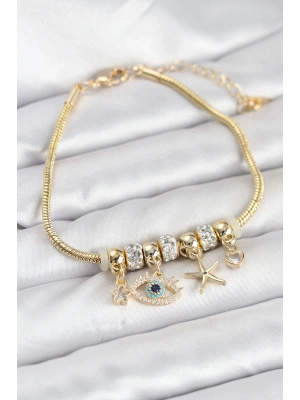 ® Pirinç Gold Renk Göz Model Charmlı Kadın Bileklik