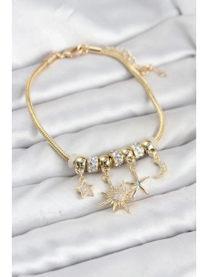 ® Pirinç Gold Renk Güneş Tema Charmlı Kadın Bileklik
