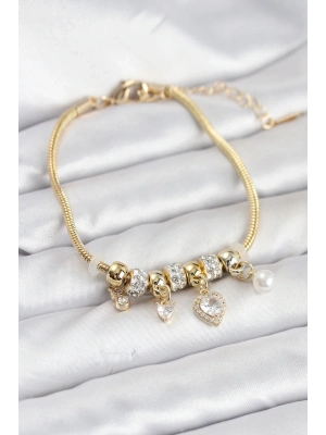 ® Pirinç Gold Renk Kalp Charmlı Kadın Bileklik