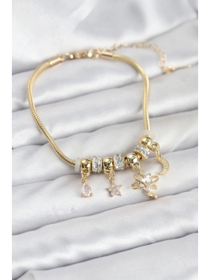 ® Pirinç Gold Renk Kalpli Model Charmlı Kadın Bileklik