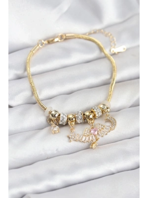 ® Pirinç Gold Renk Kanatlı Charmlı Kadın Bileklik