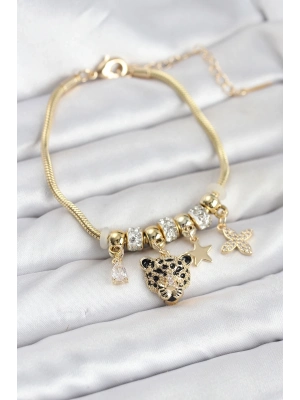 ® Pirinç Gold Renk Kaplan Model Charmlı Kadın Bileklik