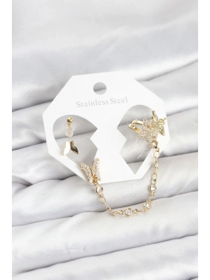 ® Pirinç Gold Renk Kelebek Model Zincir Bağlantılı Ear Cuff Küpe Seti