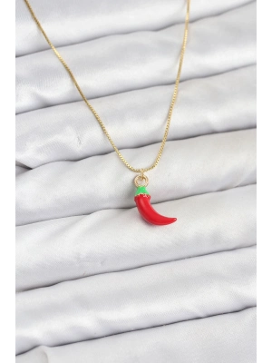 ® Pirinç Gold Renk Kırmızı Kapya Biber Model Kadın Kolye