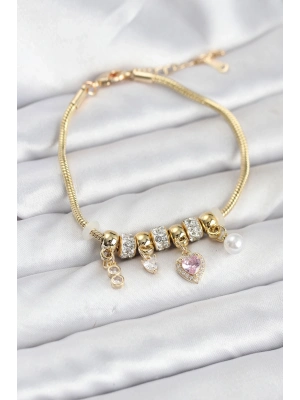 ® Pirinç Gold Renk Pembe Kalp Charmlı Kadın Bileklik