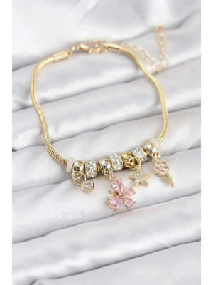 ® Pirinç Gold Renk Pembe Kelebek Charmlı Kadın Bileklik
