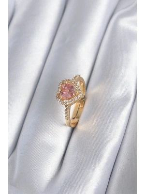 ® Pirinç Gold Renk Pembe Zirkon Taş Kalp Charm Model Kadın Yüzük