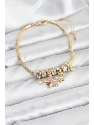 ® Pirinç Gold Renk Renkli Yıldız Charmlı Kadın Bileklik