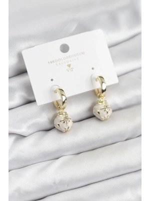 ® Pirinç Gold Renk Topçuk Model Mineli Halka Kadın Küpe