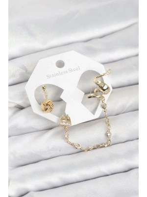 ® Pirinç Gold Renk Yılan Model Zincir Bağlantılı Ear Cuff Küpe Seti