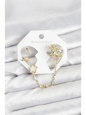 ® Pirinç Gold Renk Yıldız Model Zincir Bağlantılı Ear Cuff Küpe Seti
