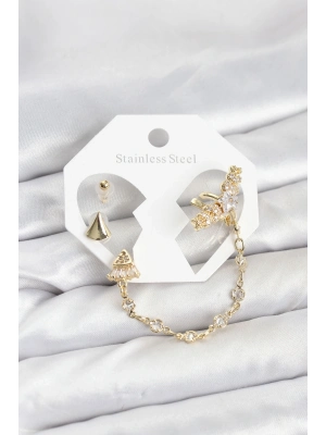 ® Pirinç Gold Renk Yıldızlı Model Zincir Bağlantılı Ear Cuff Küpe Seti
