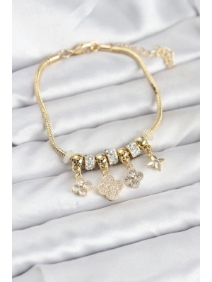 ® Pirinç Gold Renk Yonca Model Kadın Bileklik