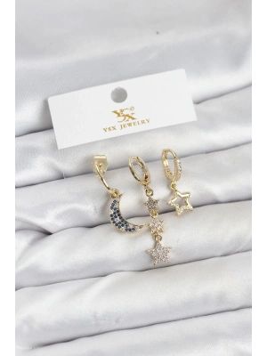 ® Pirinç Gold Renk Zirkon Taşlı Ay ve Yıldız Model YSX Trio Küpe Seti