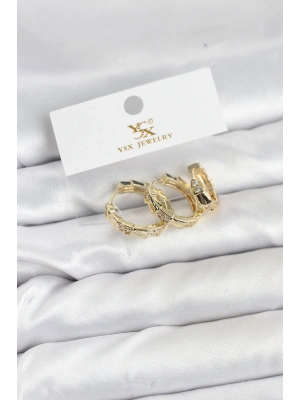 ® Pirinç Gold Renk Zirkon Taşlı Halka Yılan Model YSX Trio Küpe Seti