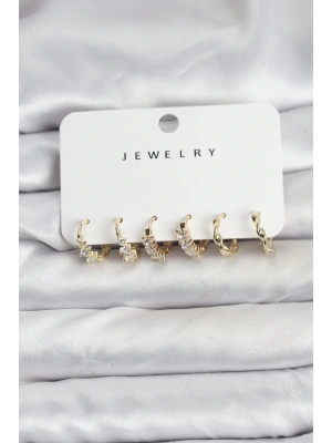 ® Pirinç Gold Renk Zirkon Taşlı Kadın Küpe Seti