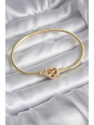 ® Pirinç Gold Renk Zirkon Taşlı Kalp Sonsuzluk Model Charm Kadın Bileklik