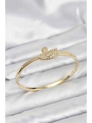 ® Pirinç Gold Renk Zirkon Taşlı Kuğu Model Kadın Kelepçe Bileklik