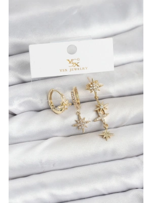 ® Pirinç Gold Renk Zirkon Taşlı Kutup Yıldızı Model YSX Trio Küpe Seti