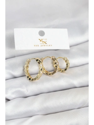 ® Pirinç Gold Renk Zirkon Taşlı Petek Halka Model YSX Trio Küpe Seti