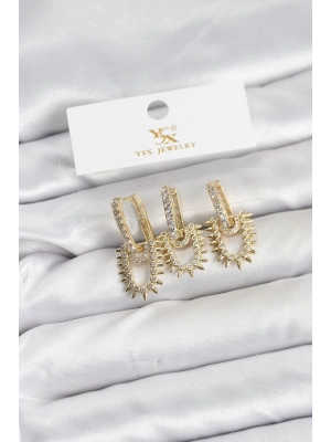 ® Pirinç Gold Renk Zirkon Taşlı Vintage Model YSX Trio Küpe Seti