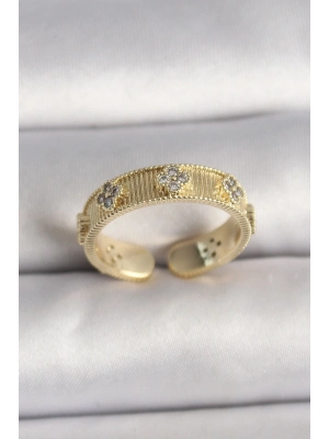 ® Pirinç Gold Renk Zirkon Taşlı Yonca İşlemeli Ayarlanabilir Yüzük