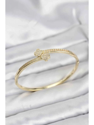 ® Pirinç Gold Renk Zirkon Taşlı Yonca Model Kadın Kelepçe Bileklik