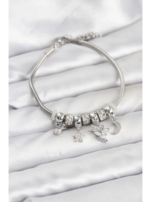 ® Pirinç Gümüş Renk Kalpli Model Charmlı Kadın Bileklik