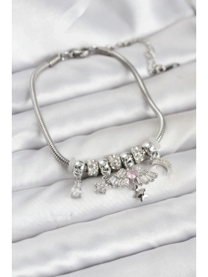 ® Pirinç Gümüş Renk Kanatlı Charmlı Kadın Bileklik