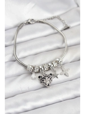 ® Pirinç Gümüş Renk Kaplan Model Charmlı Kadın Bileklik