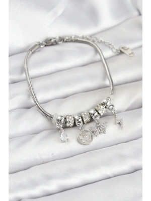 ® Pirinç Gümüş Renk Kelebek Charmlı Kadın Bileklik