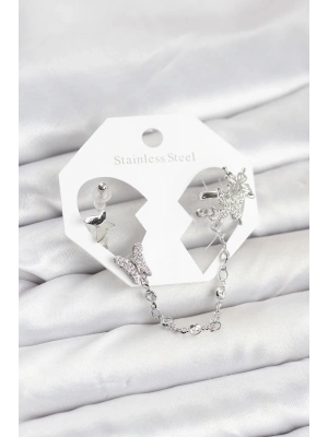 ® Pirinç Gümüş Renk Kelebek Model Zincir Bağlantılı Ear Cuff Küpe Seti