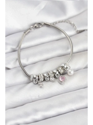 ® Pirinç Gümüş Renk Pembe Kalp Charmlı Kadın Bileklik