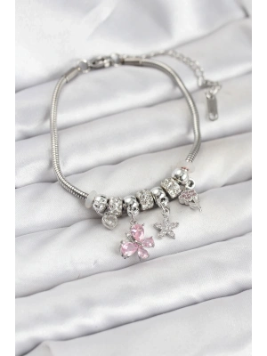 ® Pirinç Gümüş Renk Pembe Kelebek Charmlı Kadın Bileklik