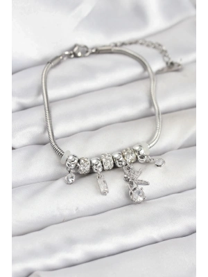 ® Pirinç Gümüş Renk Tinkerbell Charmlı Kadın Bileklik