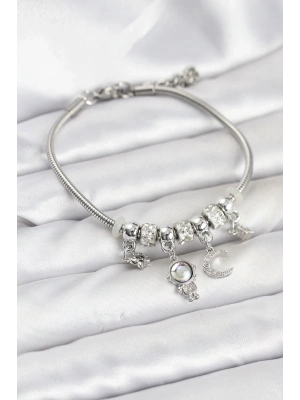 ® Pirinç Gümüş Renk Uzay Tema Charmlı Kadın Bileklik