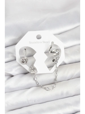 ® Pirinç Gümüş Renk Yılan Model Zincir Bağlantılı Ear Cuff Küpe Seti